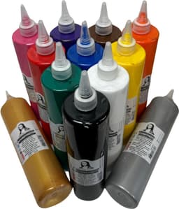 Südor Textielverf set 12 x 500 ml. Wasbestendige textielverf voor lichte stoffen. Wasmachinebestendig, wasbestendig. Fixatie door strijken (Kleuren: wit, zwart, rood, blauw, geel, groen, roze, paars, goud, zilver,oranje,bruin) — thumbnail 1