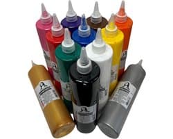 Südor Textielverf set 12 x 500 ml. Wasbestendige textielverf voor lichte stoffen. Wasmachinebestendig, wasbestendig. Fixatie door strijken (Kleuren: wit, zwart, rood, blauw, geel, groen, roze, paars, goud, zilver,oranje,bruin)