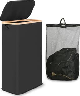 Hoge wasmand met deksel en handvat, slanke opvouwbare wasmand, 60 liter, geschikt voor slaapkamer en badkamer — thumbnail 1