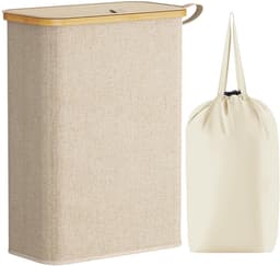 Wasmand - 50 Liter - Wasmand met Deksel - Uitneembare Waszakken - Beige - Opvouwbare Wasbox voor Badkamer & Slaapkamer — thumbnail 1