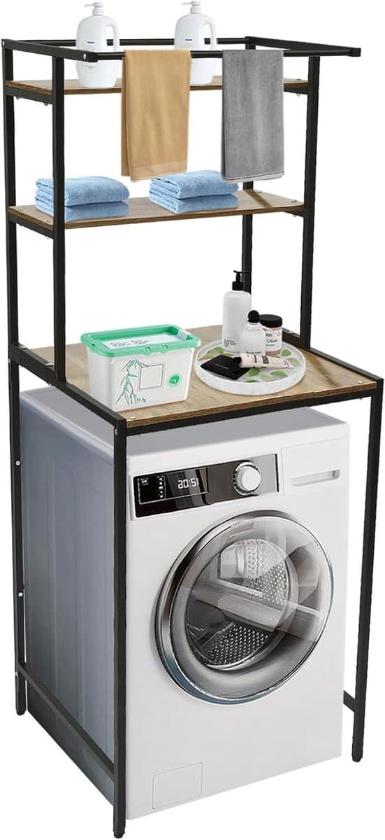 3-traps wasmachinerek, toiletrek boven de wasmachine, staand toiletrek, wasmachine-onderkast voor badkamer, waskeuken, zwart — afbeelding 1