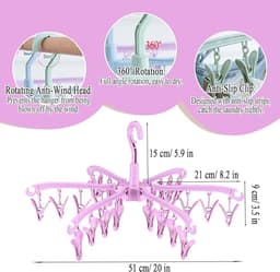 Set van 2 opvouwbare droogrekken met 24 knijpers voor het drogen van sokken, lingerie, babykleding, handdoeken, roterend drogen, roze — thumbnail 2