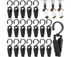 20 Zwarte Knijpers met 360째 Draaibare Haak, Draagbare Knijperhanger, voor Kleding, Handdoek, Sokken, Jeans