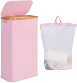 Wasmand van 60 l met deksel, smalle wasmand met afneembare en wasbare binnenzak, opvouwbare wasmand voor slaapkamer, wasruimte en badkamer (roze) — thumbnail 1