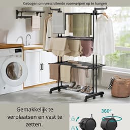 Weelora Wasrek - Droogrek - Droogtoren - Wasrek Inklapbaar - Wasrek Staand - 4 Niveaus - Opvouwbare Vleugels - Met Rollen - 63,5x125,5x173 Cm — thumbnail 5