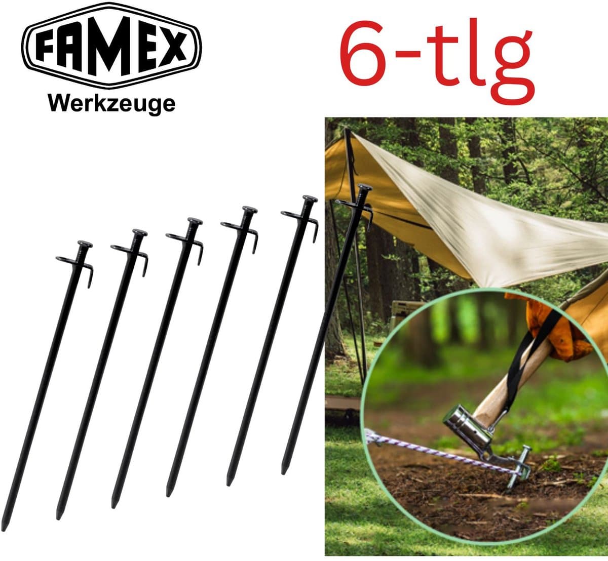 FAMEX Tentharingen Grondankers van Staal 6 Stuks, Robuuste Bodemankers voor Tenten, Partytenten, Zonnedoeken, Camping & Outdoor — afbeelding 1