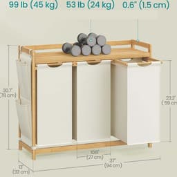 Wasmand vuile was sorteermand opbergmand 94×33×78 cm naturel houtkleur + beige 150L grote capaciteit 3 vakken met afneembare binnenvoering, opbergrek en zijvak stevig en duurzaam bamboeframe geschikt voor badkamer, wasruimte en slaapkamer — thumbnail 2