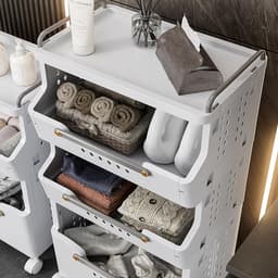 Wasmand met wieltjes - Wassorteerder opbergbox - Ruimtebesparend sorteren - Vier praktische niveaus - 110 cm hoog - Wit grijs — thumbnail 2