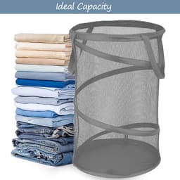 Ulisem - Opvouwbare wasmand - 59 liter pop-up - Met handvatten - Ademend nylon gaas - Ventilerend en geurbestrijdend - Draagbaar en ruimtebesparend - Multifunctioneel voor thuis en reizen - Grijs — thumbnail 3