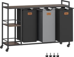 FurnStar Wasmand 3 Vakken – Wassorteerder 150L met Rollen en Planken – Afneembare Waszakken – 6 Etiketten – 117 x 33 x 80,5 cm – Kastanjebruin - Inktzwart & Duifgrijs — thumbnail 1