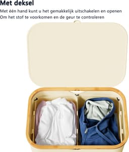 SpaceAid Dubbele Wasmand - 2 Vakken - Met Deksel & Afneembare Tassen - 160L - Bamboe Handvatten - Opvouwbaar - Beige — thumbnail 3