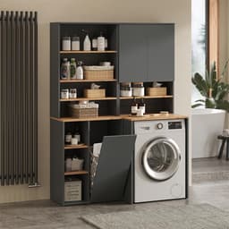 Wasmachinekast met Opbouw en Opbergruimte Badkamer Kast Anthraciet/Eiken — thumbnail 3