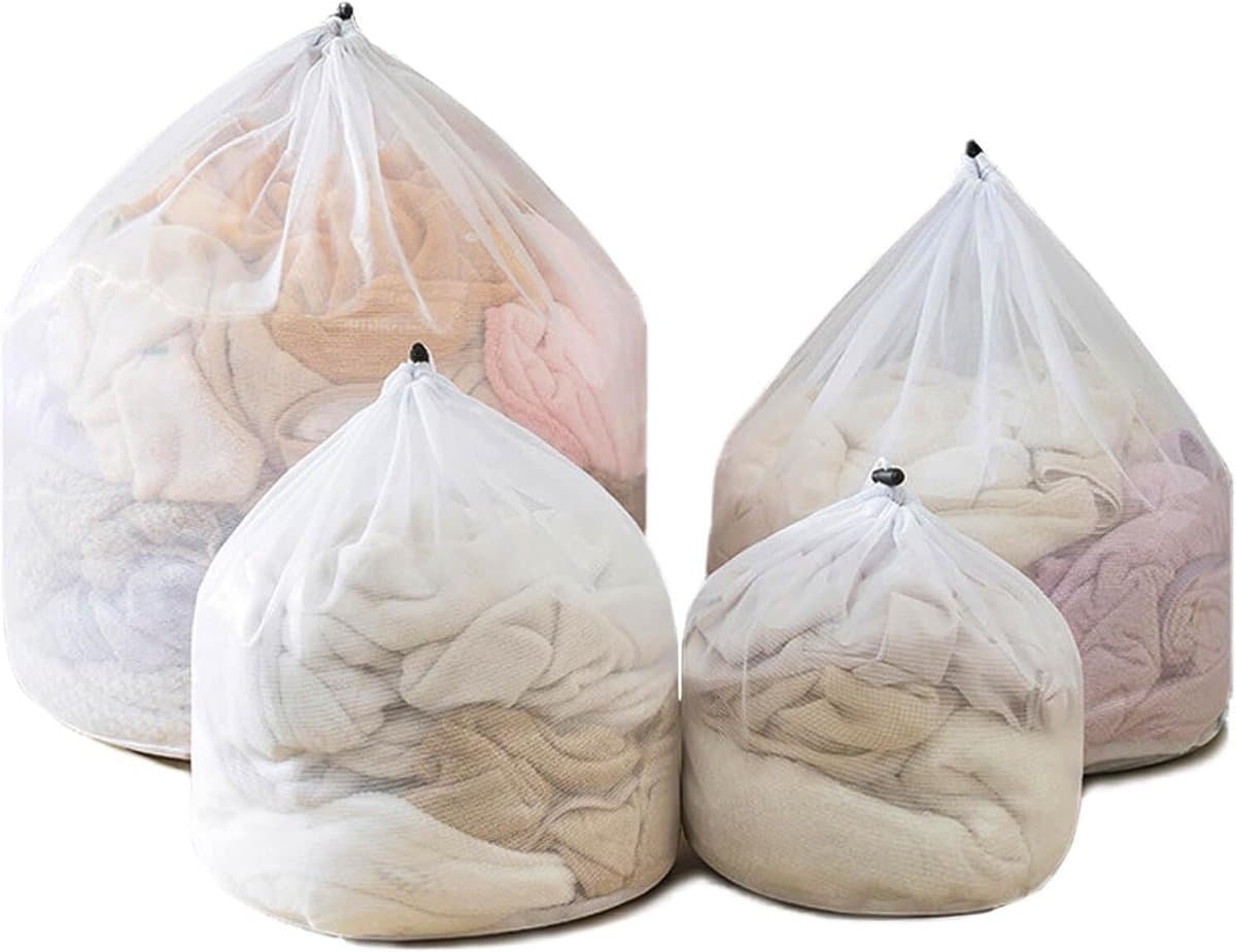 Waszakken van netstof met verstelbare schouderbanden - Stevige waszakken van nylon - met trekkoordsluiting - voor studenten, studentenhuizen en appartementen - 4 stuks — afbeelding 1