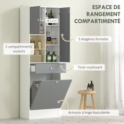 Badkamerkast met wasmand en spiegel - verstelbare plank - 62 x 28 - 3 x 181 cm - grijs en wit — thumbnail 3