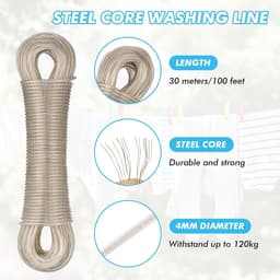30m waslijn touw, Heavy Duty kledinglijn stalen kern, sterke koord 4mm diameter waslijnen, lange kledinglijnen voor buiten tuin reizen, roestbestendig en waterdicht waslijnen, 120kg LC — thumbnail 5