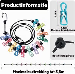 Waslijn, outdoor waslijn, intrekbaar met 12 clips en 13 stuks positioneringsgespen voor reizen, vakantie, outdoor, camping, 180-360 cm — thumbnail 2