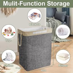 76L opvouwbare wasmand met afneembare tas, wasmanden voor wasgoed met deksel, opvouwbare kleine slanke wasmanden voor vuile kleding, wasmand met handvat voor kaki en grijs — thumbnail 3