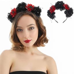 Lifreer De Halloween-kostuumset bevat een halloween-hoofdband, een zwarte sluier, een rozenhalsketting, een kanten masker en korte kanten handschoenen voor Halloweenkostuumaccessoires. — thumbnail 4
