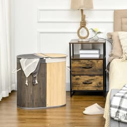 ITRONIQ Wasmand Met Deksel 100 Liter - Dubbele Wasbox Met Twee Compartimenten - Uitneembare Waszak - Bamboe - Grijs Naturel — thumbnail 4
