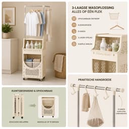 Noventra - Wasmand - met Kledingrek - Wasmand met Rek - Opvouwbare Wasmand - Waswagen met Wielen - Wasgoed Organizer - 3-Laags - Crème — thumbnail 3