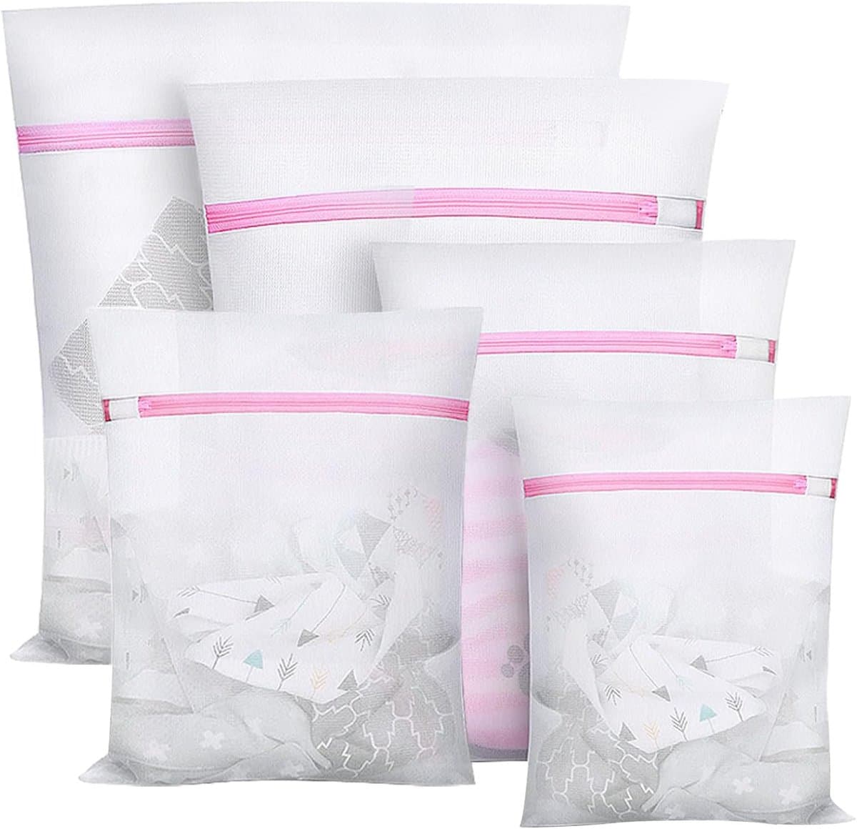 SnelShoppen - Waszakken Set - Vijf Stuks in Verschillende Maten - Roze - Duurzaam Polyester - Voor Wassen, Verhuizen, Camping en Meer — afbeelding 1