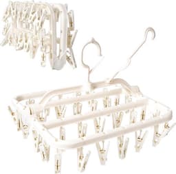 Opvouwbaar droogrek met 32 droogklemmen, winddichte haken, ondergoedhanger, kunststof wasklemmen voor sokken en bh's (wit) — thumbnail 1