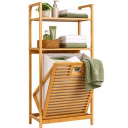 HEM Bamboe Badkamerrek met Wasmand 40x30x95 cm - Wasmandrek met 2 Opbergplanken - Badkamer Organizer - Inclusief Microvezeldoekje — thumbnail 1