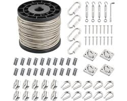 SnelShoppen - 70-delige Waslijn Set 30 m Flexibele Stalen Kabel met 20 Aluminium Moffen, 4 Spanners, 4 Carabiners, PVC Gecoat voor Buiten, Tuin, Campi