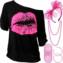 jaren 80 Kostuum Accessoires Set, Lips Print T-Shirt Kant Hoofdband Oorbellen Ketting Armband voor 80s Thema Party (Rose Red, S) — thumbnail 1