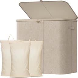Wasmand met Deksel, Grote Opvouwbare Wasmand 3 Vakken met Uitneembare Zakken, Laundry Basket voor Slaapkamer, Badkamer, Studentenhuis en Wasruimte, 145L, Beige — thumbnail 2