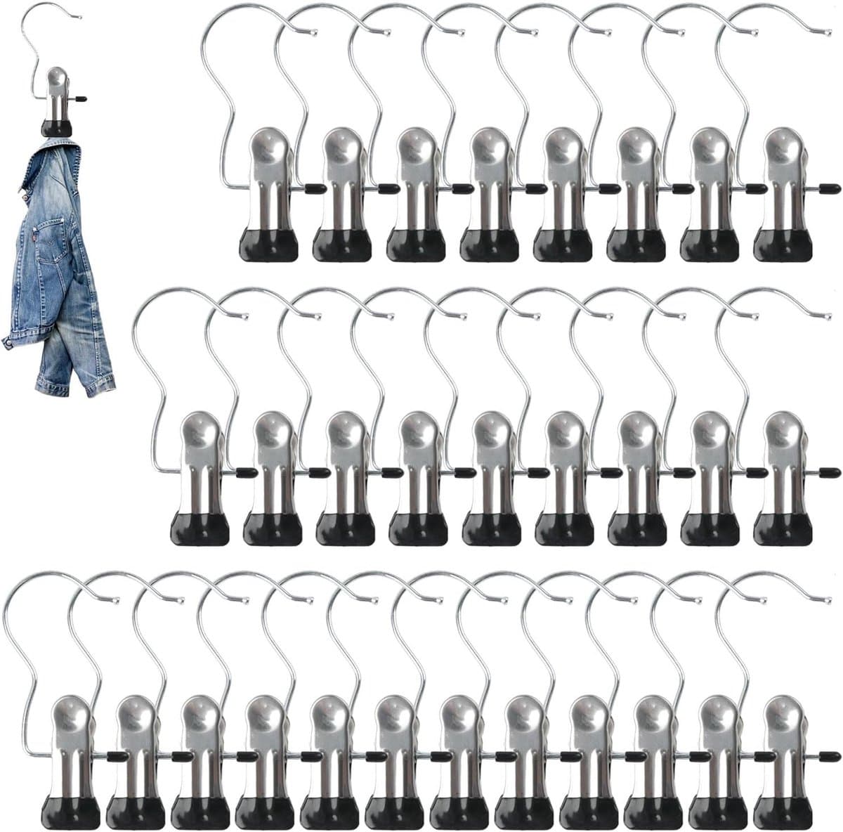 washaken opknoping clip, 30 stuks roestvrijstalen wasknijpers extra sterke hanger clips haken metalen kapstok hangers voor broek handdoeken sokken rokken shorts jeans hoeden — afbeelding 1