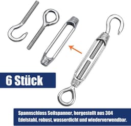 Allecto Plus - Draaibare kabelspanner M6 OC 304 roestvrij staal - Verstelbare draaihaak-oogset - 6-delig - Spanhaak voor luifel touw - Waslijn spannen - Zilver - Heavy duty — thumbnail 4