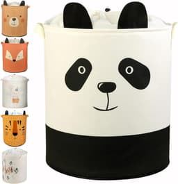 Opvouwbare cilindrische linnen wasmand - Grote opbergmand voor babykamer speelgoed dekens en kleding - Panda-motief — thumbnail 1