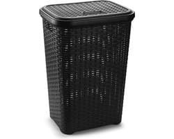 PlasticForte Wasmand met deksel - 1x - 60 liter - zwart - rotan - kunststof - L35 x B43 x H62 cm