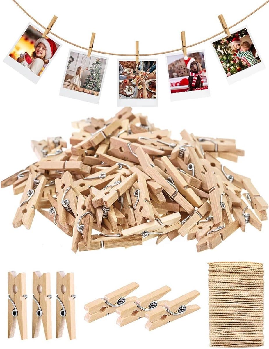 Mini Wasknijpers - Houten Clips Foto's - Ambachten Decoratie - Natuurlijk Hout Veer - 150 stuks - Natuurlijk — afbeelding 1