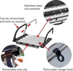 Droogrek Hangend - Wasrek Uitklapbaar - Wanddroogrek - Hangdroogrek - Deur - Balkon - Radiator - Met Sokkenrekje — thumbnail 4