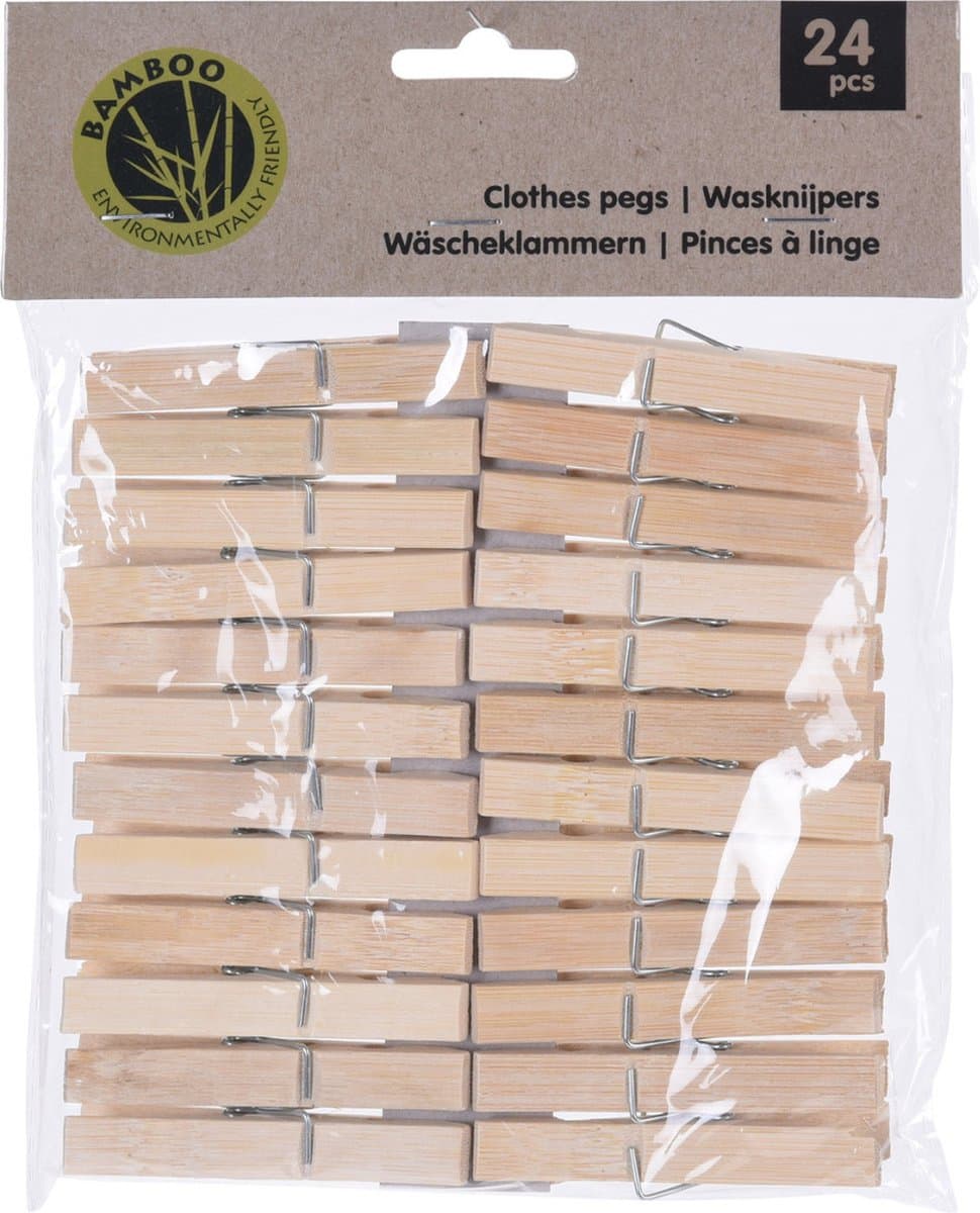Wasknijpers naturel - 24x - bamboe hout - 7 cm - houten knijpers — afbeelding 1
