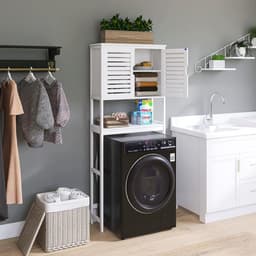 Toiletkast organizer vrijstaand bamboe wit - badkamer boven het toilet opbergkast met verstelbare binnenplank Wasmachine rek — thumbnail 5