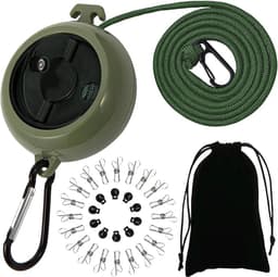 Uittrekbare Waslijn, Antislip Draagbare Waslijn, Reiswaslijn 10m, 10 Vasthoudlussen en 20 Knijpers, voor Buitenlucht Kamperen Reis Accessoires (Groen-A) — thumbnail 1