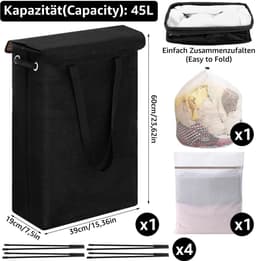 Dailygoods- Wasmand 45 Liter - Opvouwbaar - Met Deksel - Smal met Handvat - 2 Waszakken - Eenvoudig te Reinigen - Wasverzamelaar — thumbnail 5