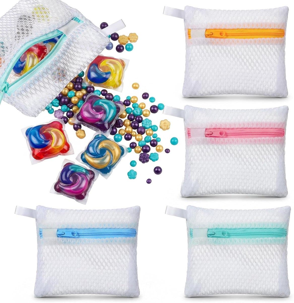 Pak van 4 mini zakken voor wasmachine, 12 x 12 cm, kleine opbergzakken, in mesh, met structuur in bijenbed, wasnet, waszak, waszak voor delicate wasgoed — afbeelding 1