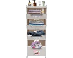 Wasmand met wieltjes - Wassorteerder opbergbox - Ruimtebesparend sorteren - Vier praktische niveaus - 110 cm hoog - Wit grijs