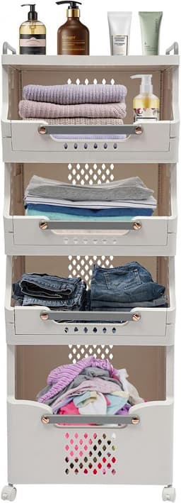 Wasmand met wieltjes - Wassorteerder opbergbox - Ruimtebesparend sorteren - Vier praktische niveaus - 110 cm hoog - Wit grijs — thumbnail 1