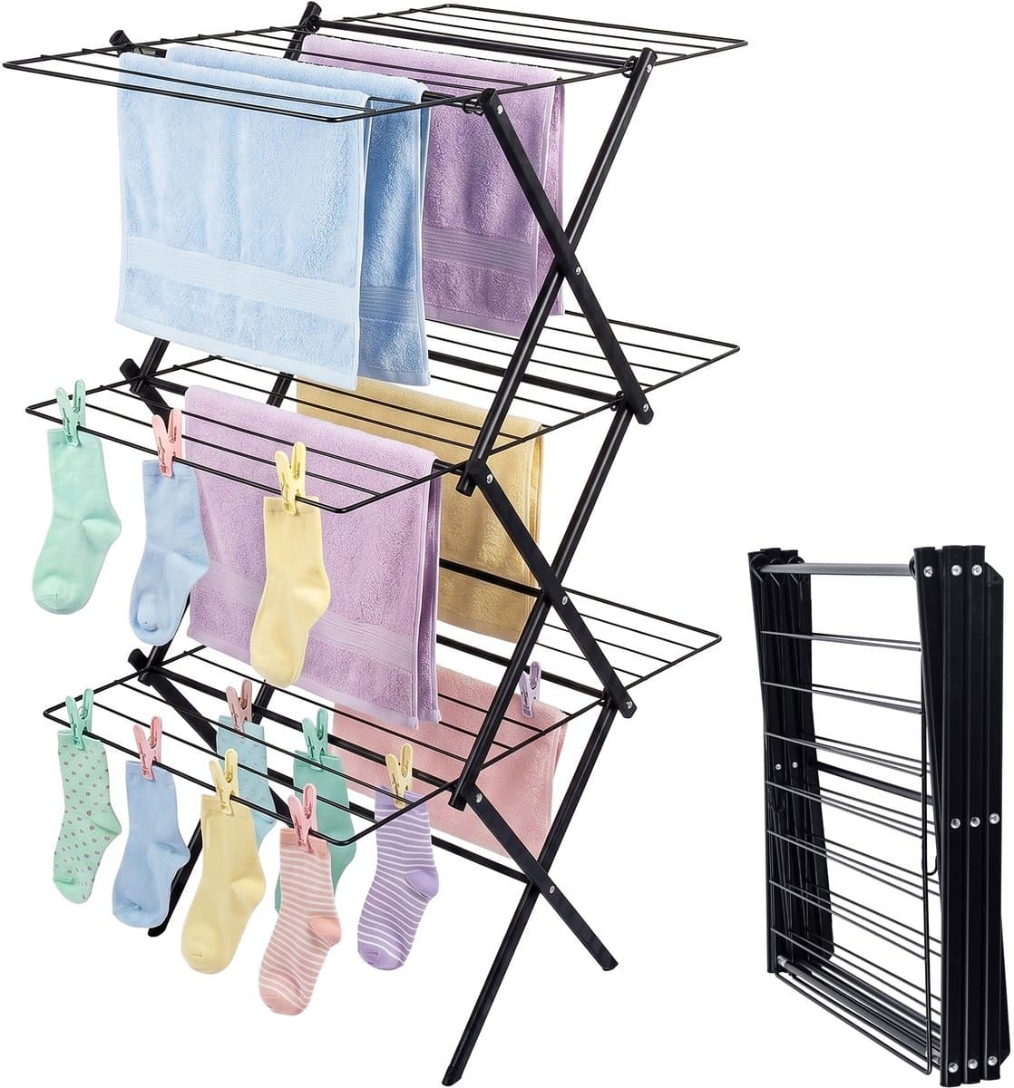 Wasrek inklapbaar - 115x53,5x52 cm - metaal - zwart — afbeelding 1