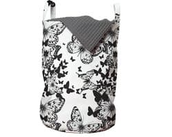 ABAKUHAUS zwart-wit waszak, vlindermotief, wasmand met handvatten, trekkoordsluiting voor wasserettes, zwart-wit
