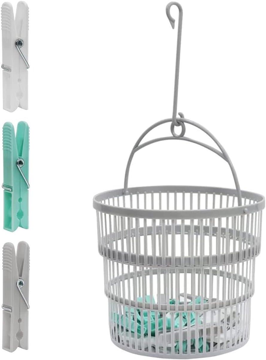 Wasknijpers met mand - Kledinghangers plastic - Was ophangen - Inklapbare mand - 50 stuks - Aqua grijs wit — afbeelding 1