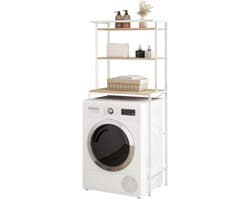 LabelOne Wasmachine Kast - Wasmachine Ombouw - Wasmachine Rek - Opbergrek - 3 planken - metalen frame - 67x40x162 cm - wit/hout