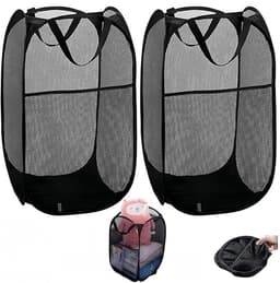 Allecta - Set van 2 Opvouwbare Zwarte Wasmanden met Handvat - Draagbare Opbergmand van Mesh - Inklapbare Pop-Up Wasmanden met 3 Zakken. — thumbnail 1
