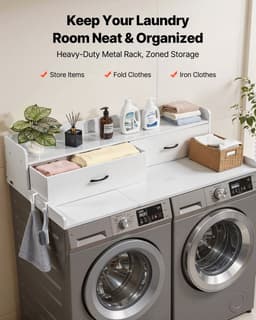 Werkblad/bovenblad voor wasmachine en droger - Met opbergruimte - Afmeting 137 x 69,9 cm - Plank, 2 lades en haken - Draagvermogen 113 kg - Voor wasruimte/linnenkast - Wit — thumbnail 2
