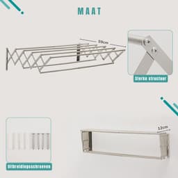 MIRA® Wanddroogrek –Wasrek Goed voor 5.6 Meter Wasgoed – Uitschuifbaar Droogrek - Zilver- ‎59cm x 80cm x 19 cm — thumbnail 2